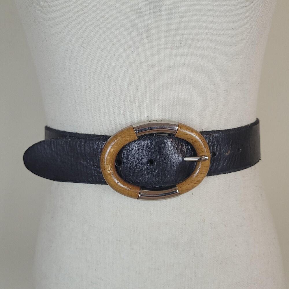 Fossil Belt Womens Medium Black Leather Wide Wood Metal Buckle Boho Statement - Picture 1 of 9
